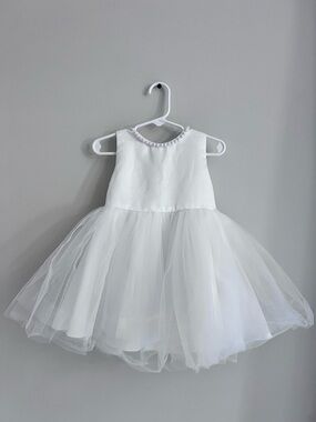 White Tulle Pearl Neckline Dress